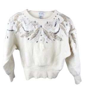 Vintage Reve Ivory Lambswool Rabbit Hair Angora Embroidered Sweater Size Medium